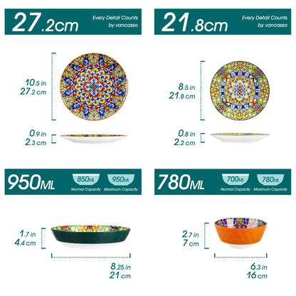 Vancasso 6-24 Piece Ceramic Dinnerware Set – Bohemian Style Plates and Bowls – Stoneware for Dinner, Dessert, Cereal, and Pasta