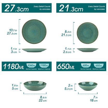 Vancasso 16 Piece Green Stoneware Tableware Set with Dinner Plates, Dessert Plates, Soup Bowls, and Mugs - Service for 4