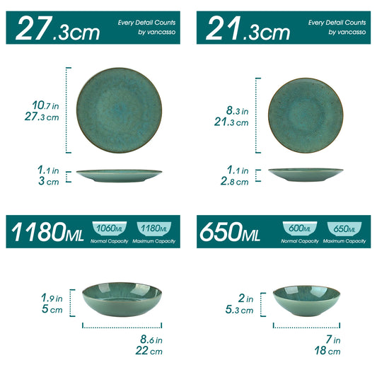 Vancasso 16 Piece Green Stoneware Tableware Set with Dinner Plates, Dessert Plates, Soup Bowls, and Mugs - Service for 4