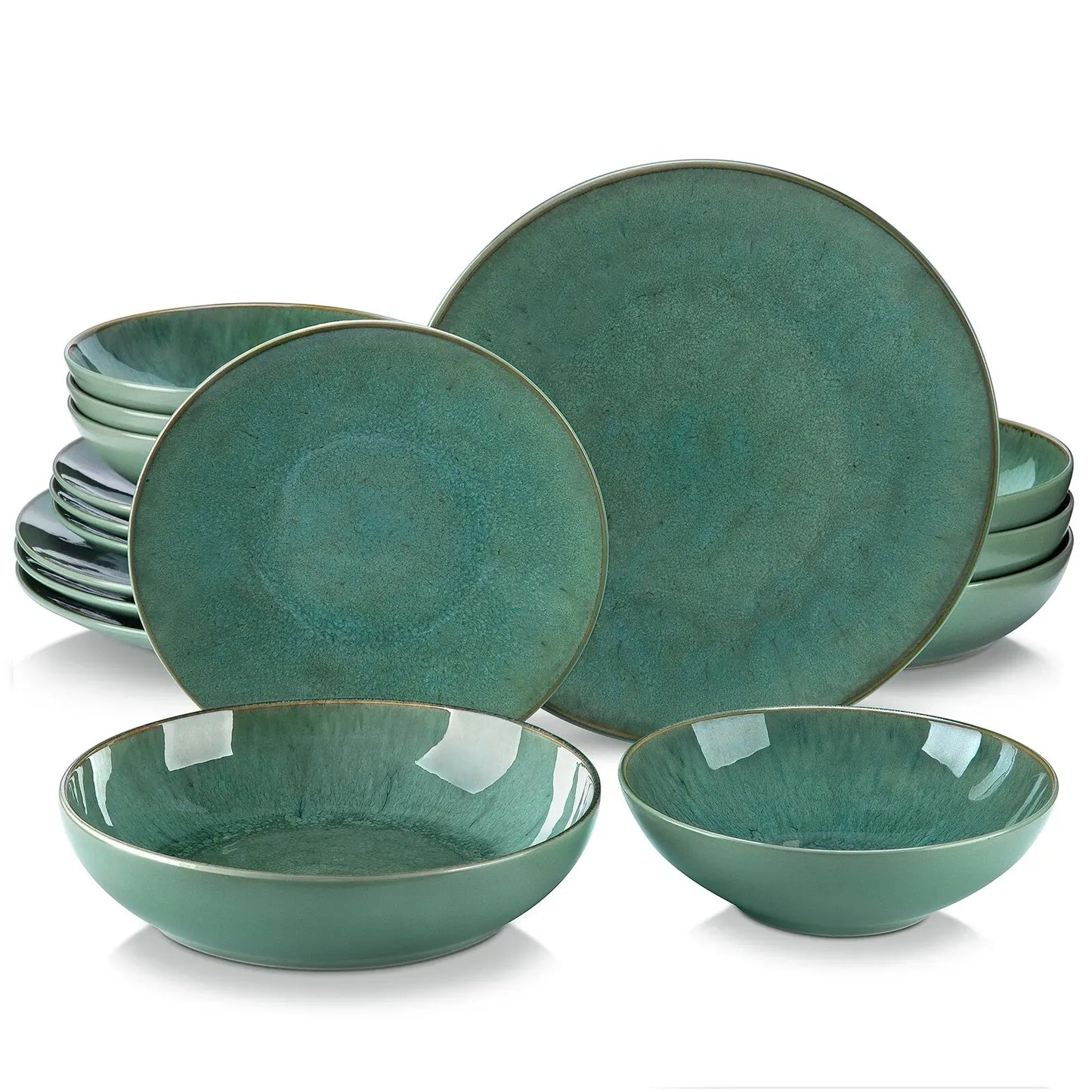 Vancasso 16 Piece Green Stoneware Tableware Set with Dinner Plates, Dessert Plates, Soup Bowls, and Mugs - Service for 4