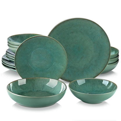 Vancasso 16 Piece Green Stoneware Tableware Set with Dinner Plates, Dessert Plates, Soup Bowls, and Mugs - Service for 4
