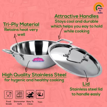 Aristo Triply Stainless Steel Kadhai with Lid | Induction Friendly | 4 Sizes Available