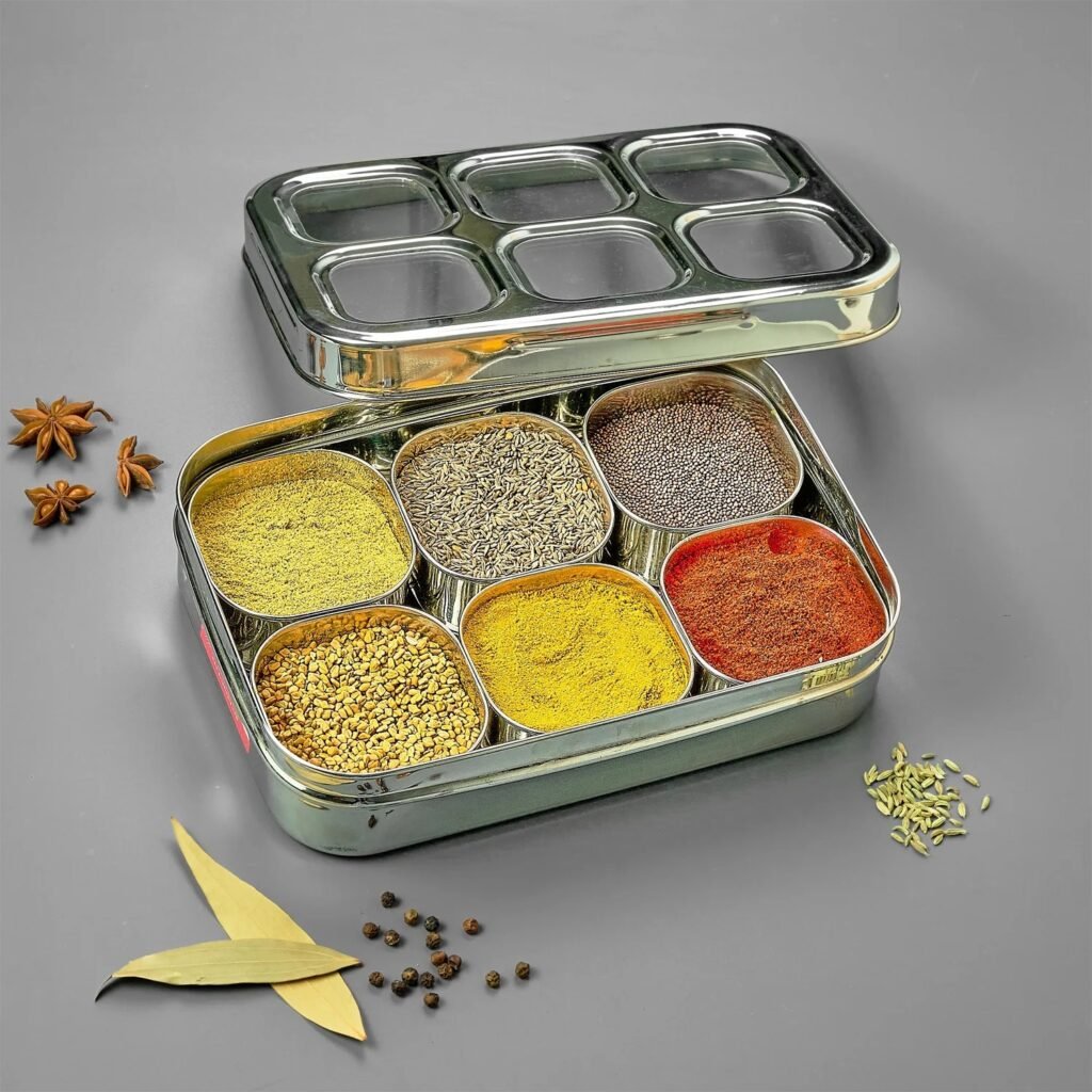 AVIAS Square Stainless Steel Spice Box with 6 Compartments