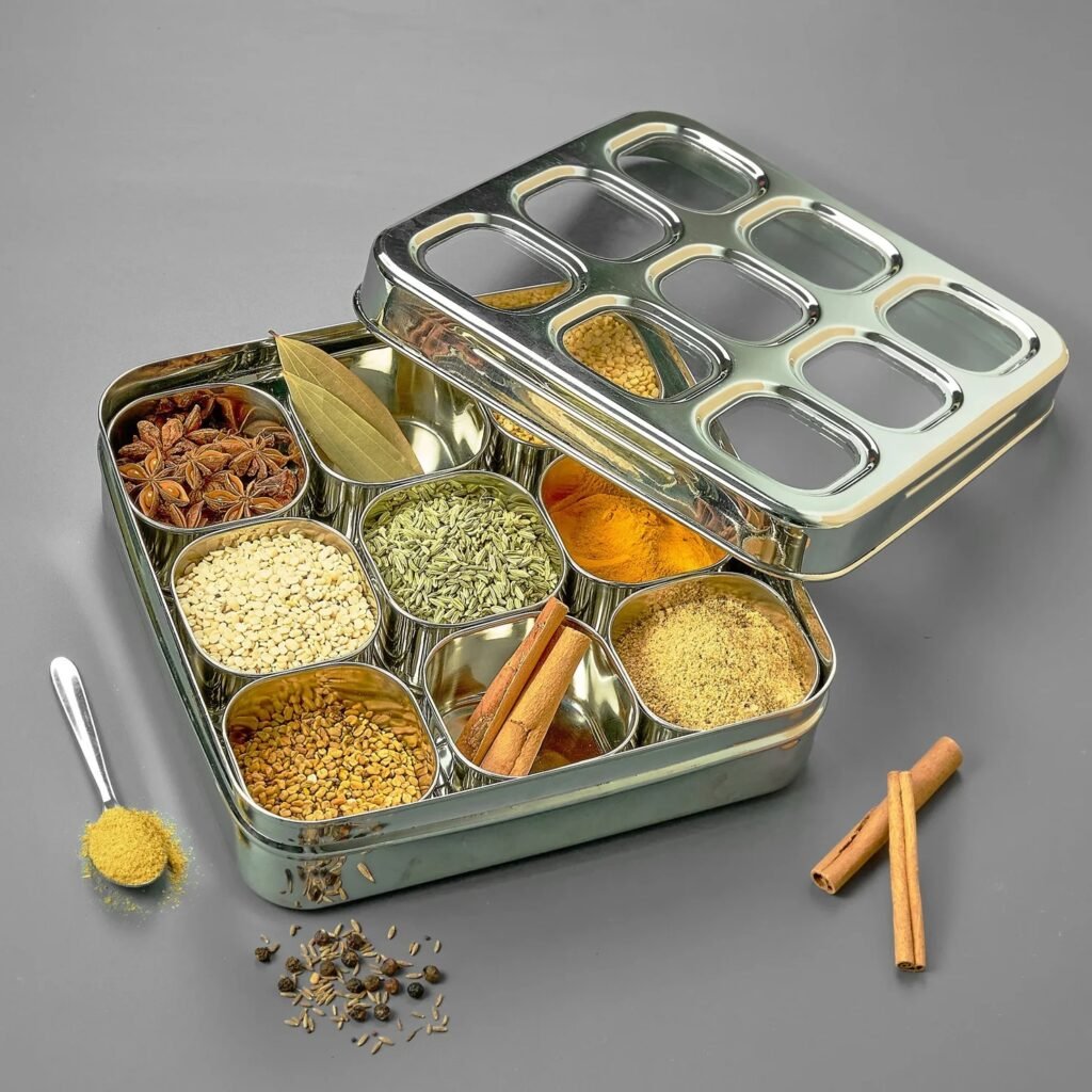 AVIAS Stainless Steel Spice Box with 9 Square Large Compartments | Rust-Free See-Through Lid Hover