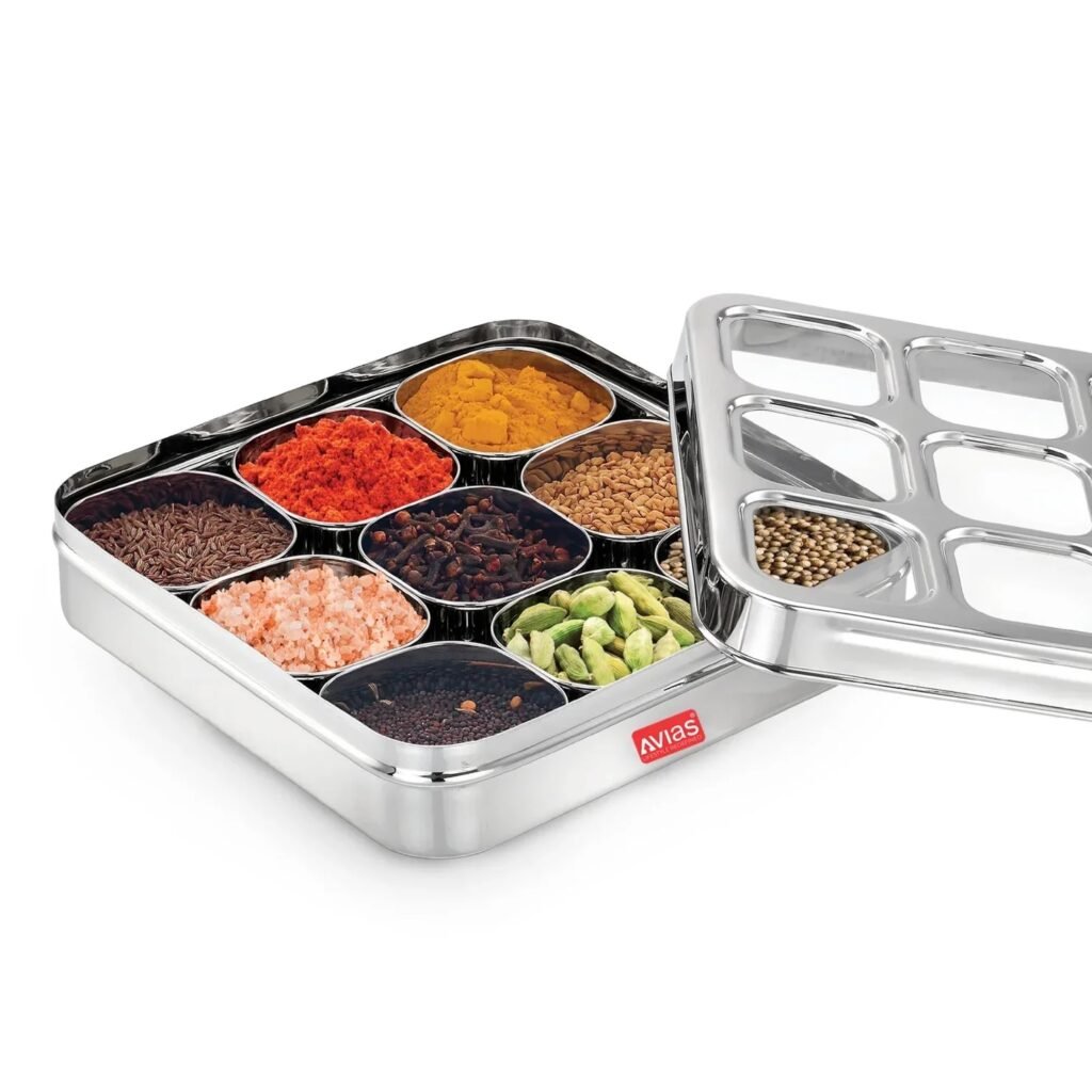 AVIAS Stainless Steel Spice Box with 9 Square Large Compartments | Rust-Free See-Through Lid