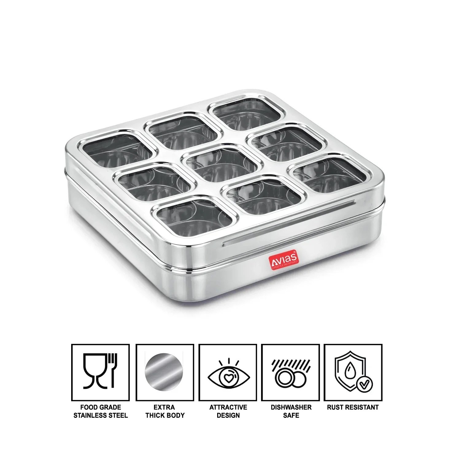 AVIAS Stainless Steel Spice Box with 9 Square Large Compartments | Rust-Free See-Through Lid - Image 4