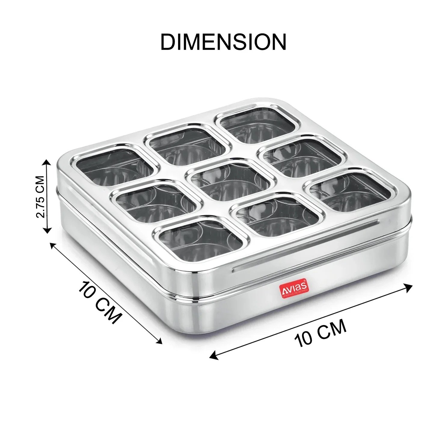 AVIAS Stainless Steel Spice Box with 9 Square Large Compartments | Rust-Free See-Through Lid - Image 3