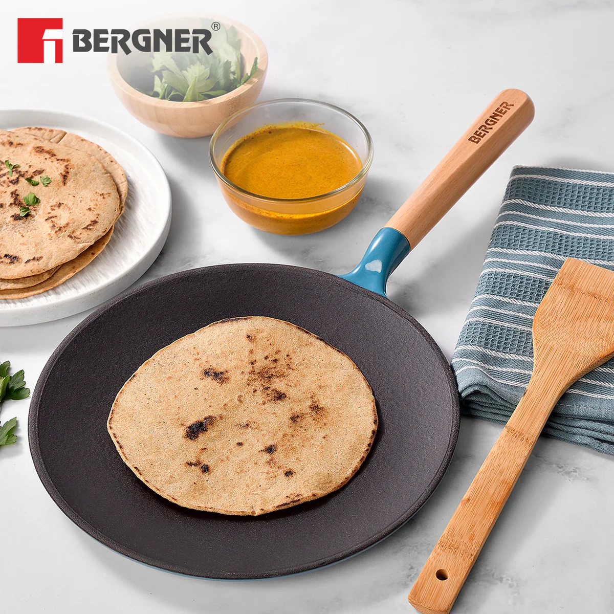 Excalibur Light Cast Iron Roti Tawa 26cm - Induction Bottom, Blue - Image 8