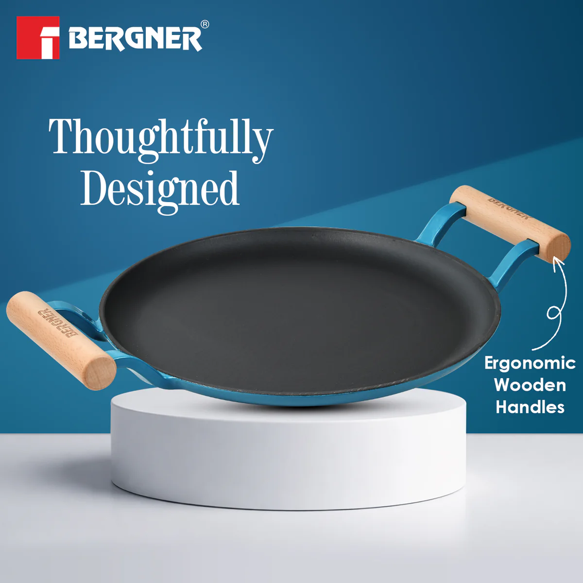 Excalibur Light Cast Iron Dosa Tawa 30cm with Double Sided Handle - Blue - Image 3