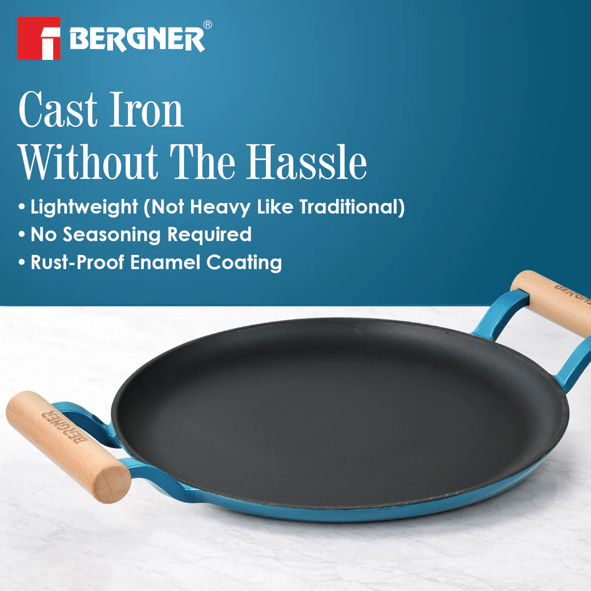 Excalibur Light Cast Iron Dosa Tawa 30cm with Double Sided Handle - Blue - Image 4