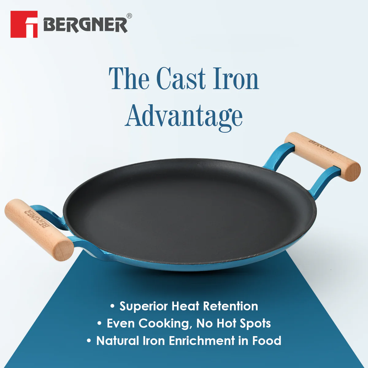 Excalibur Light Cast Iron Dosa Tawa 30cm with Double Sided Handle - Blue - Image 5