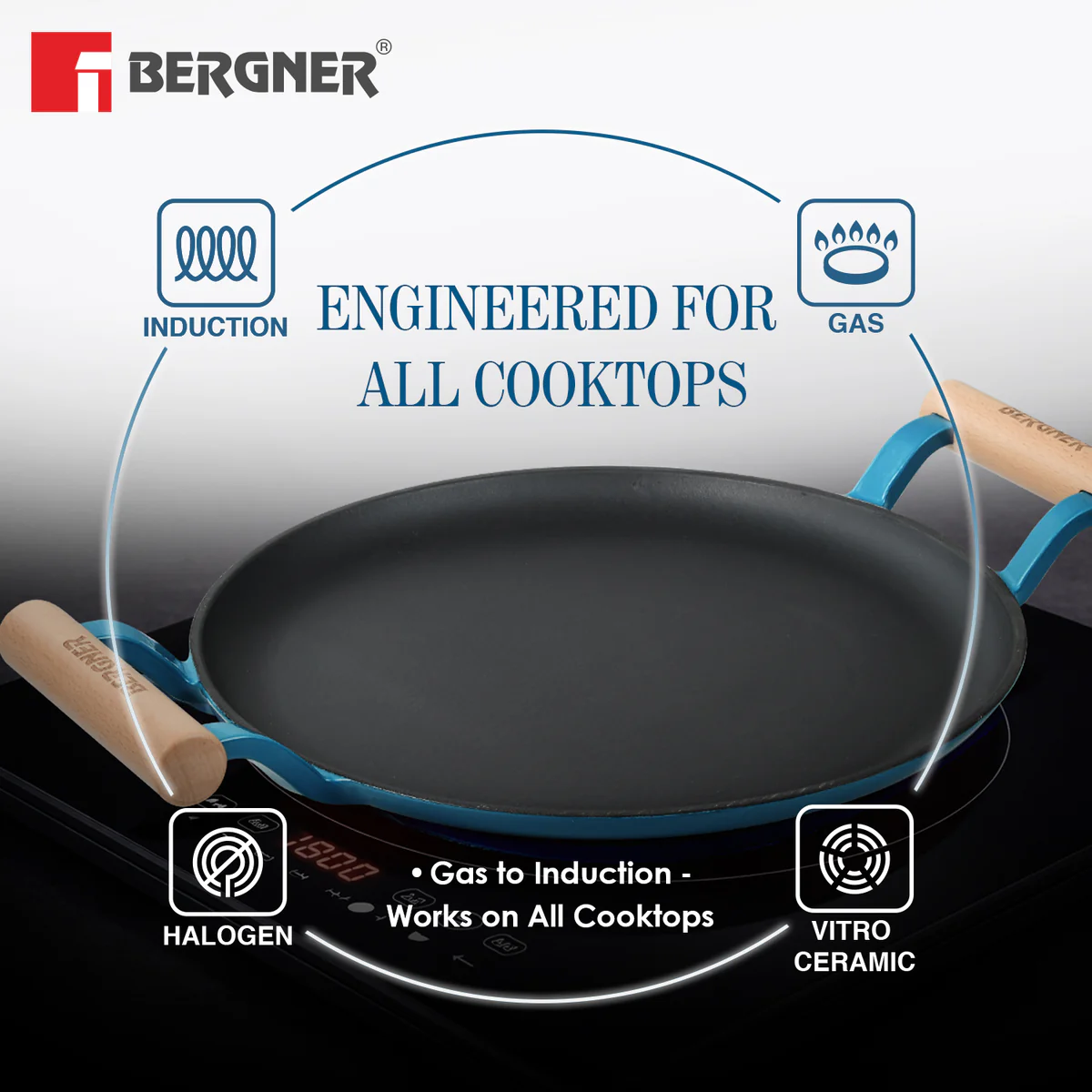 Excalibur Light Cast Iron Dosa Tawa 30cm with Double Sided Handle - Blue - Image 8