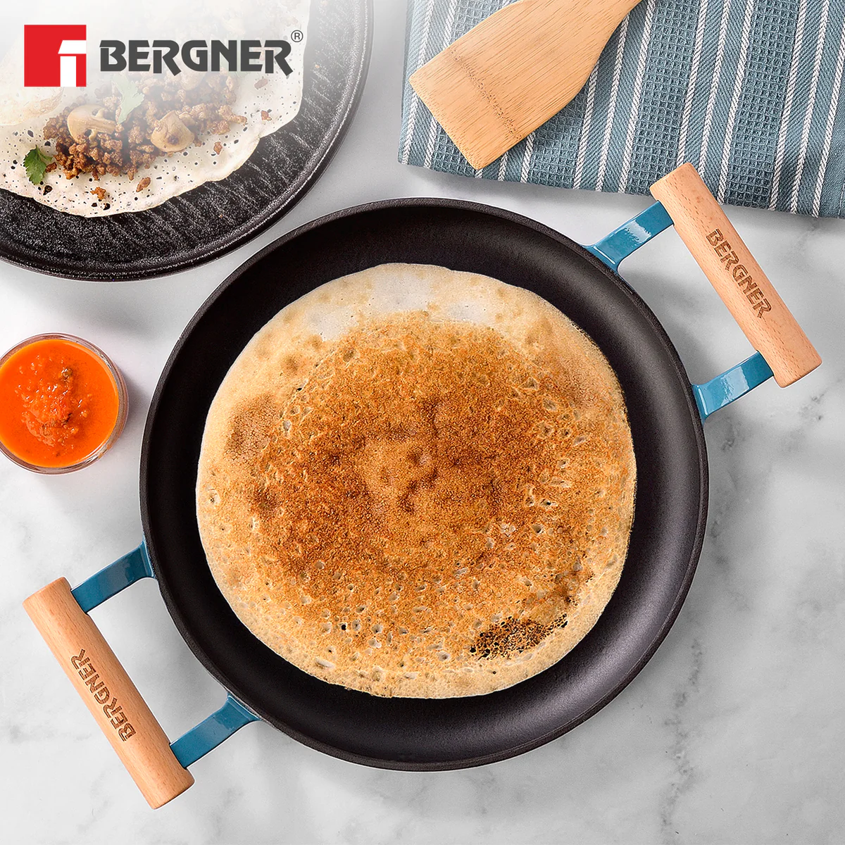 Excalibur Light Cast Iron Dosa Tawa 30cm with Double Sided Handle - Blue - Image 9