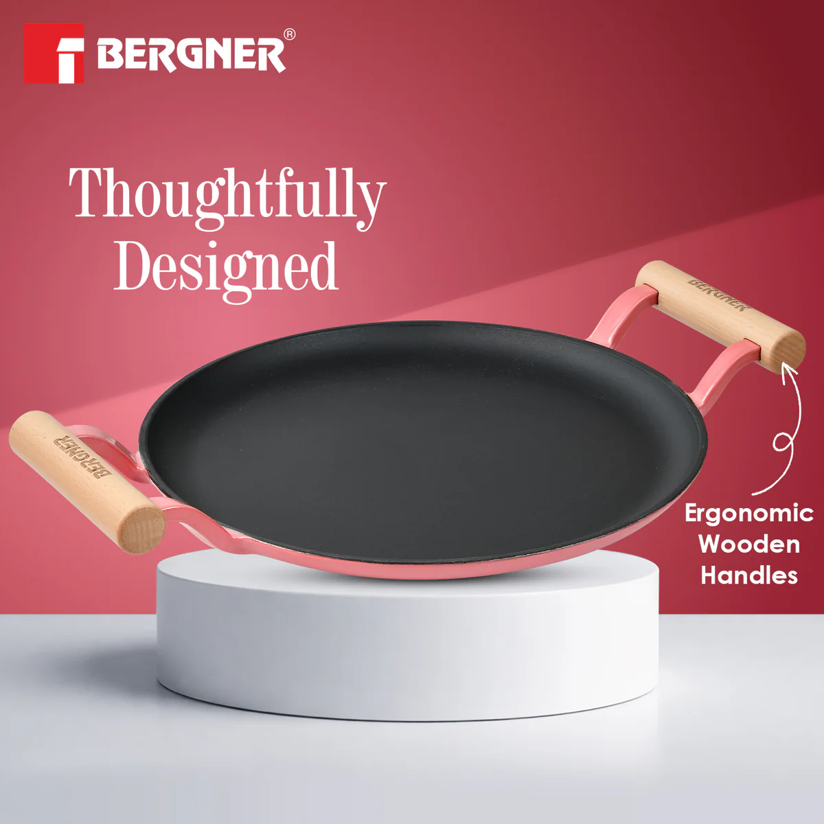 Excalibur Light Cast Iron Dosa Tawa 30cm with Double Sided Handle - Pink - Image 3