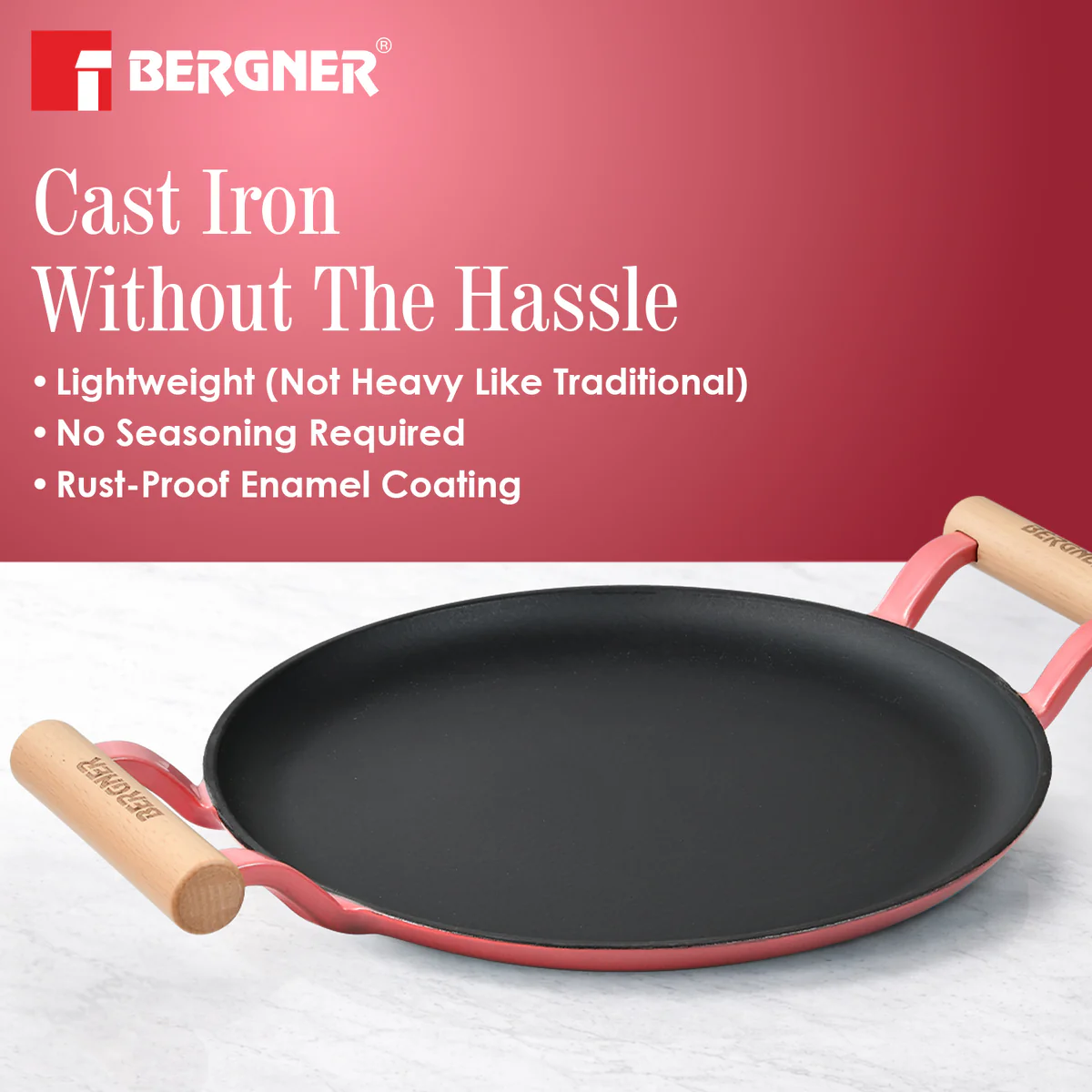 Excalibur Light Cast Iron Dosa Tawa 30cm with Double Sided Handle - Pink - Image 4