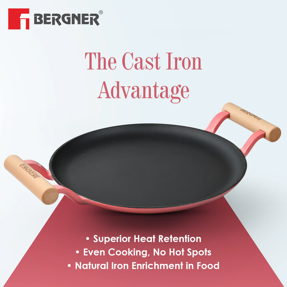 Excalibur Light Cast Iron Dosa Tawa 30cm with Double Sided Handle - Pink - Image 5