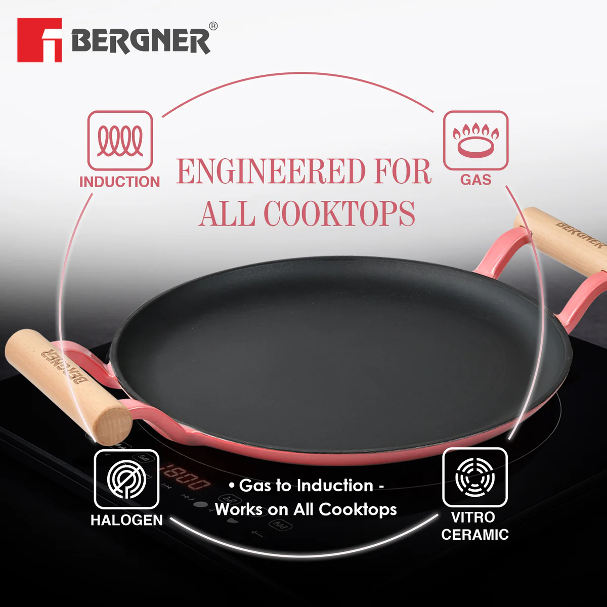 Excalibur Light Cast Iron Dosa Tawa 30cm with Double Sided Handle - Pink - Image 8