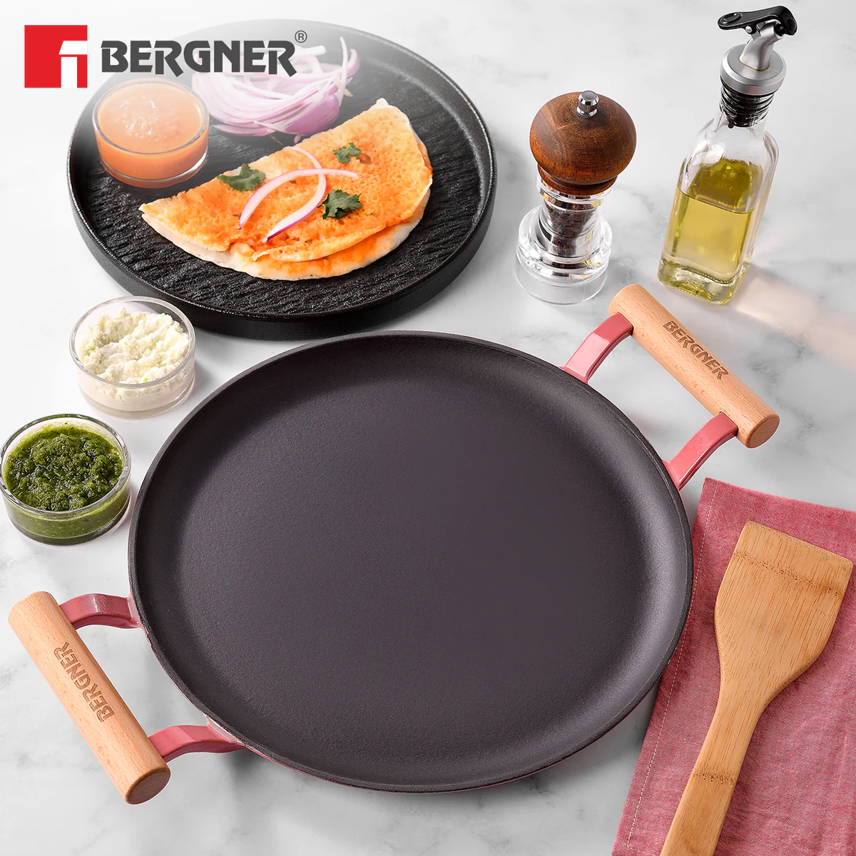 Excalibur Light Cast Iron Dosa Tawa 30cm with Double Sided Handle - Pink - Image 9