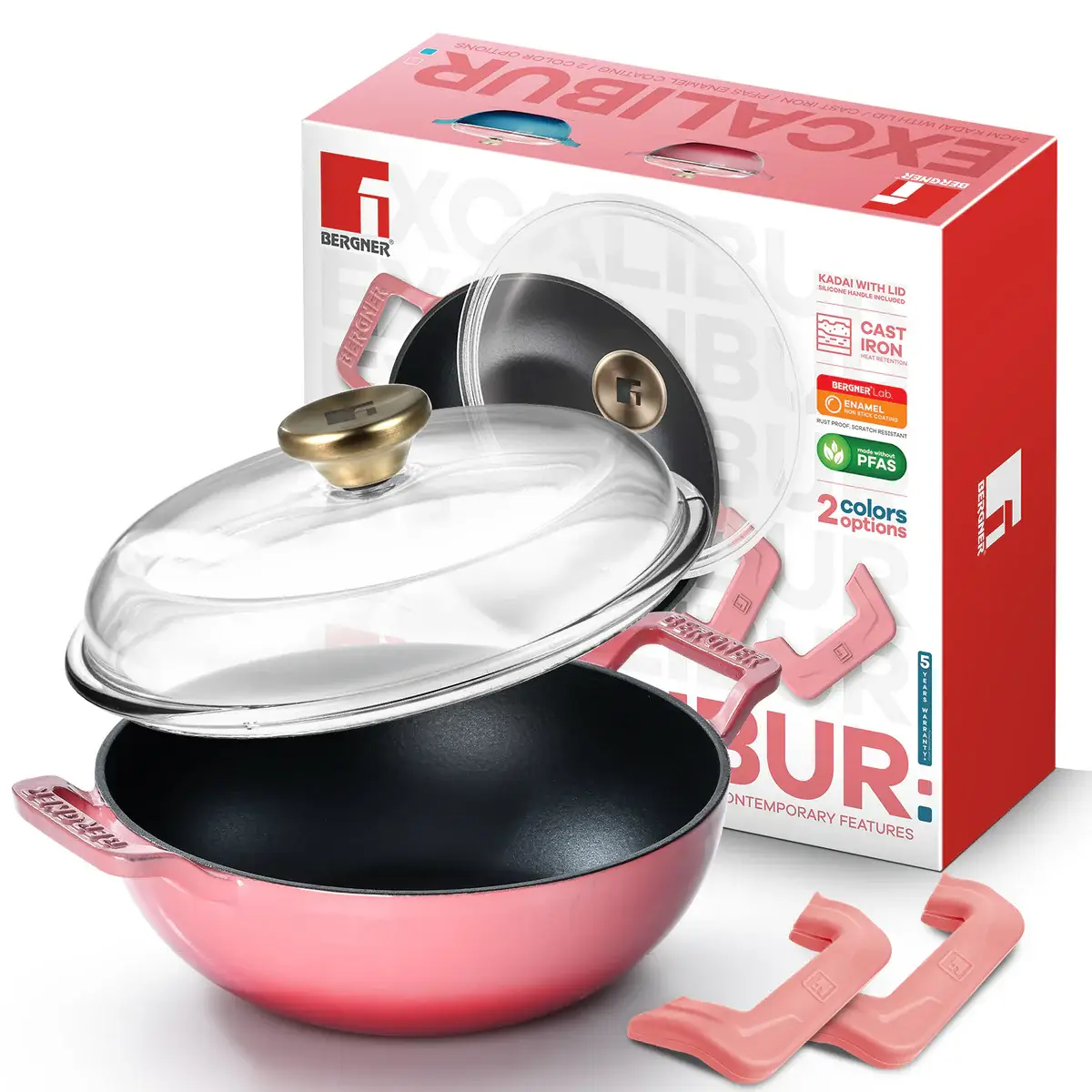 Excalibur Light Cast Iron 24cm (2.5L) Kadai with Lid - Induction Bottom, Pink - Image 2