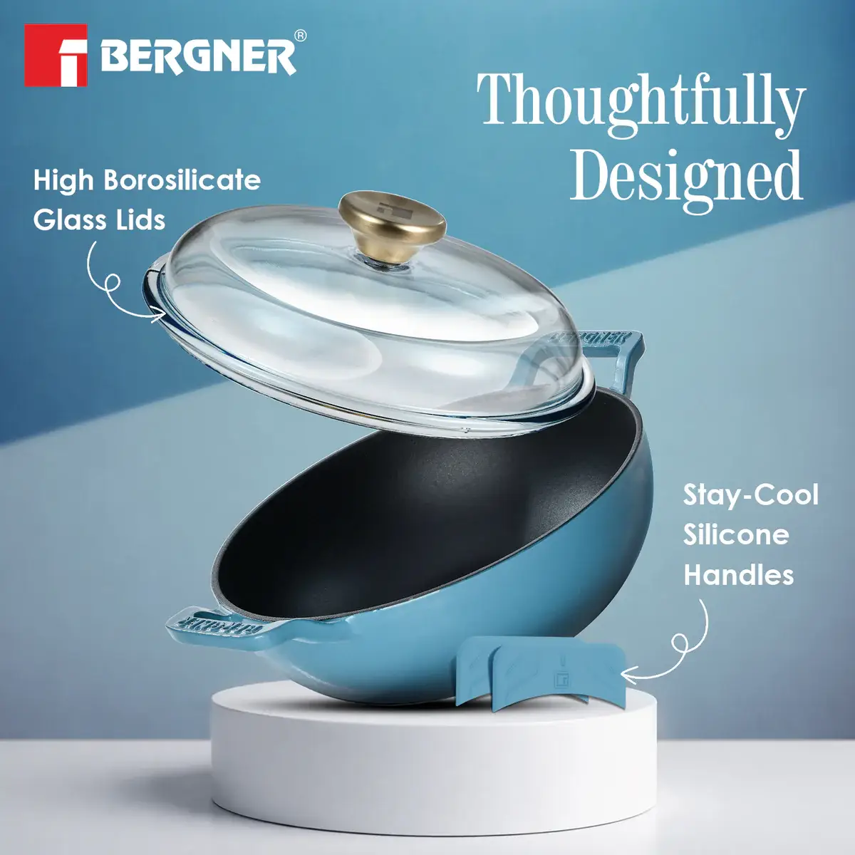Excalibur Light Cast Iron 24cm (2.5L) Kadai with Lid - Induction Bottom, Blue - Image 4