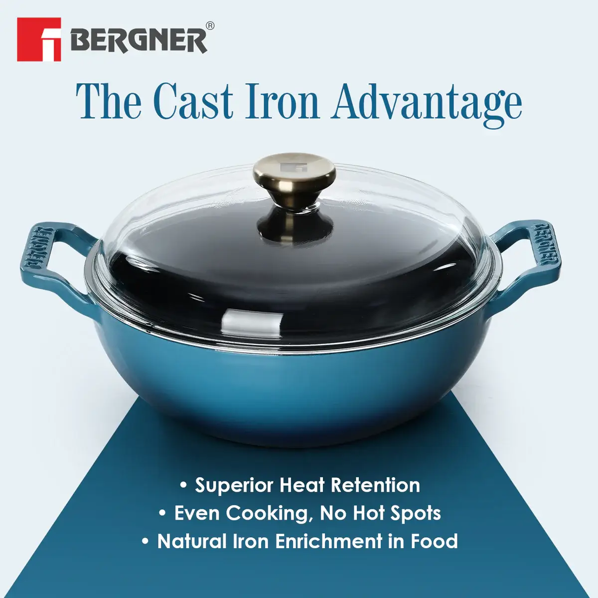 Excalibur Light Cast Iron 24cm (2.5L) Kadai with Lid - Induction Bottom, Blue - Image 5