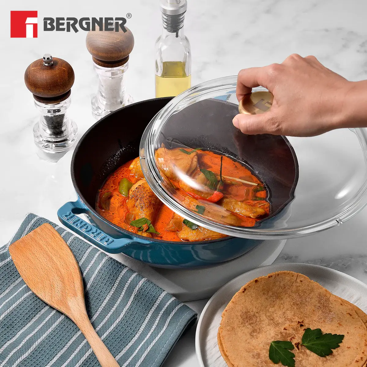 Excalibur Light Cast Iron 24cm (2.5L) Kadai with Lid - Induction Bottom, Blue - Image 8