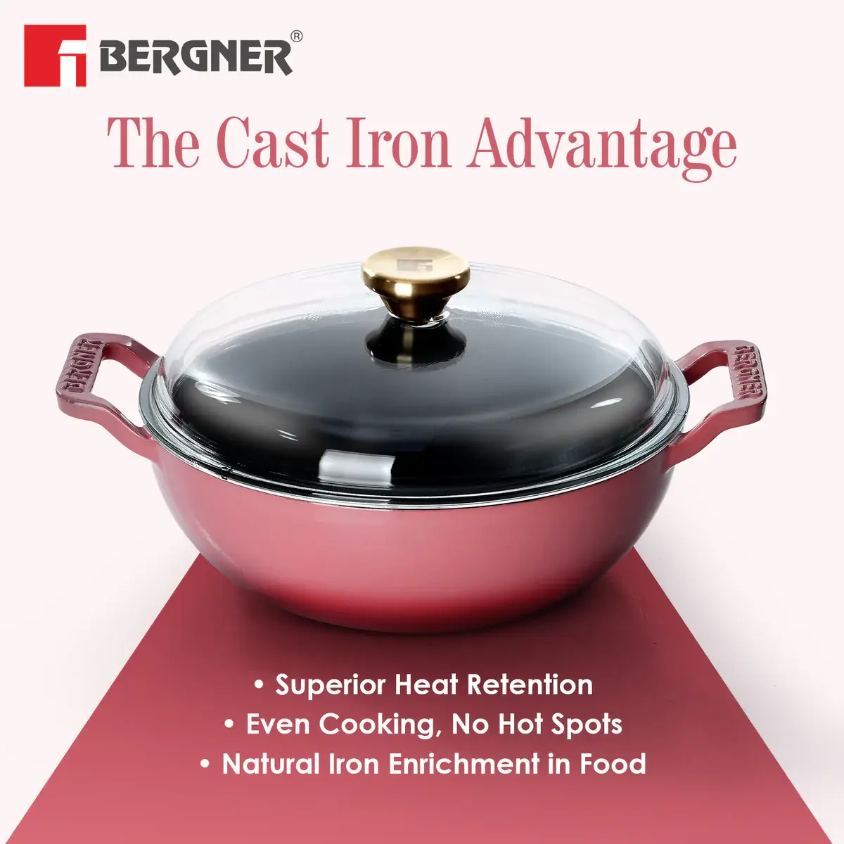 Excalibur Light Cast Iron 24cm (2.5L) Kadai with Lid - Induction Bottom, Pink - Image 5