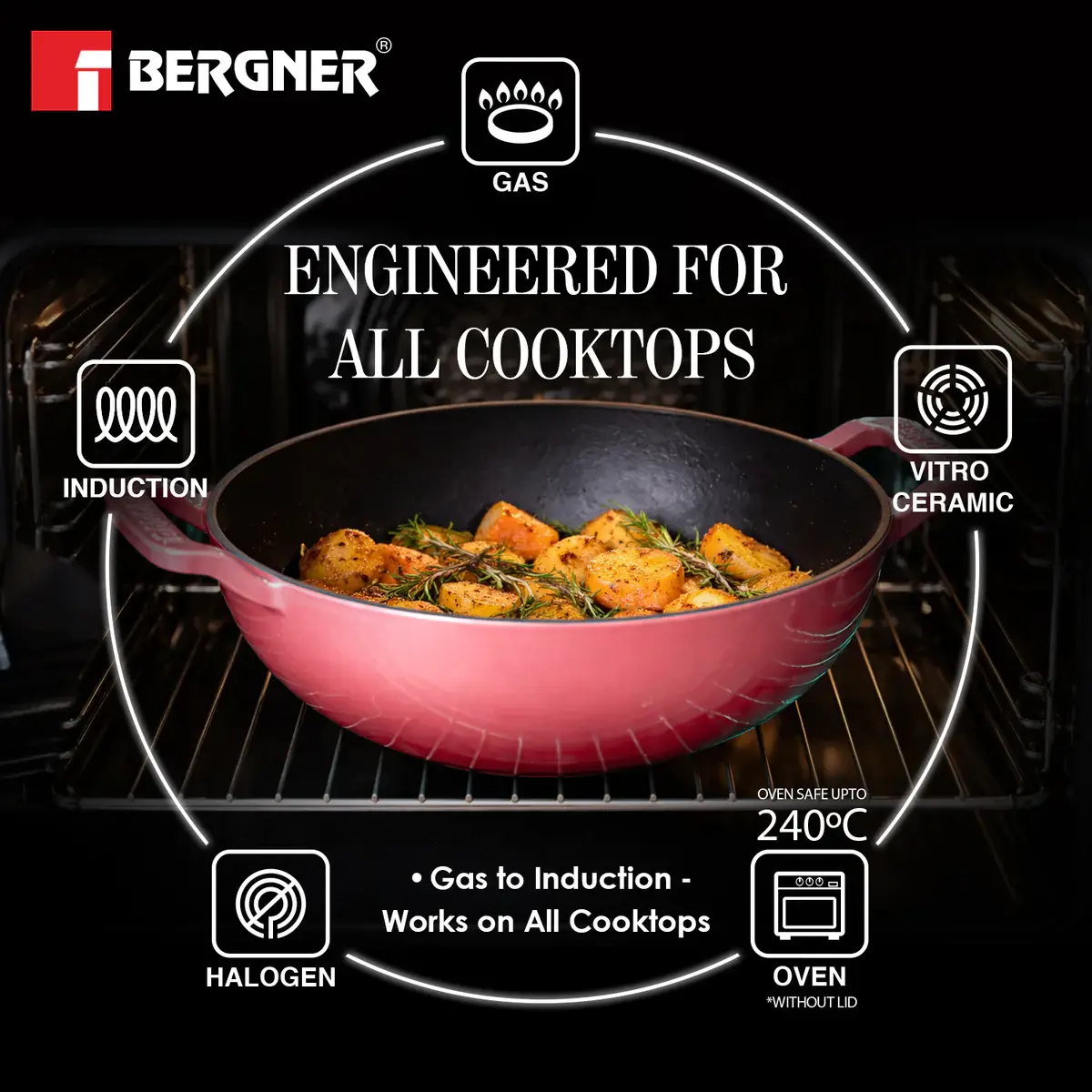 Excalibur Light Cast Iron 24cm (2.5L) Kadai with Lid - Induction Bottom, Pink - Image 8