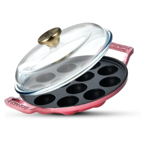 Excalibur Light Cast Iron 22cm Paniyarakal with Lid - Induction Bottom, Pink