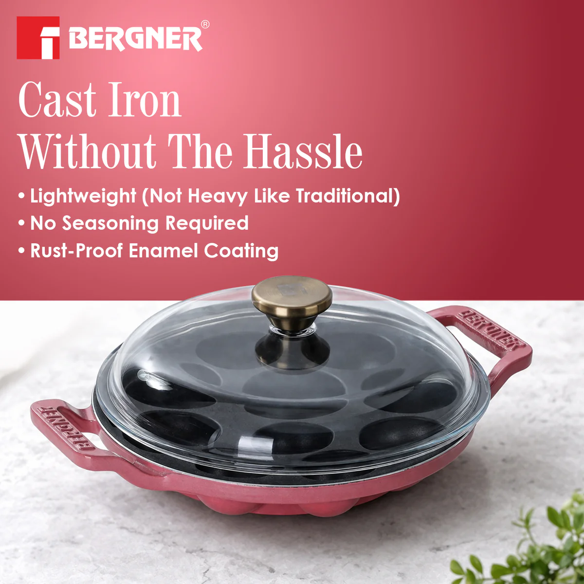 Excalibur Light Cast Iron 22cm Paniyarakal with Lid - Induction Bottom, Pink - Image 4