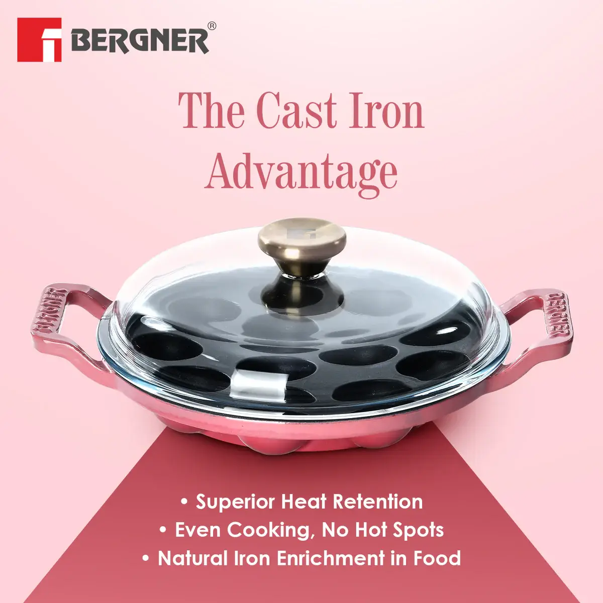Excalibur Light Cast Iron 22cm Paniyarakal with Lid - Induction Bottom, Pink - Image 5