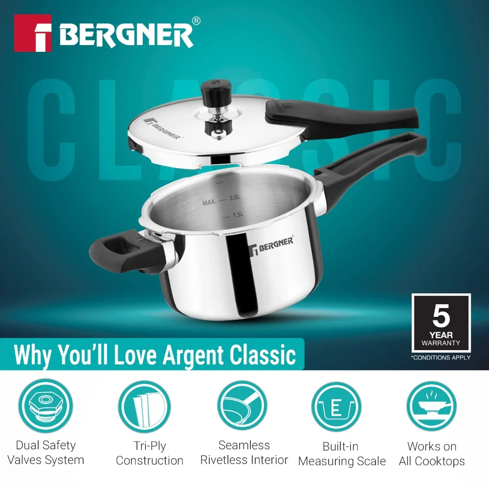 Argent Classic Triply Outer Lid Pressure Cooker 2.5L - Induction Bottom - Image 6