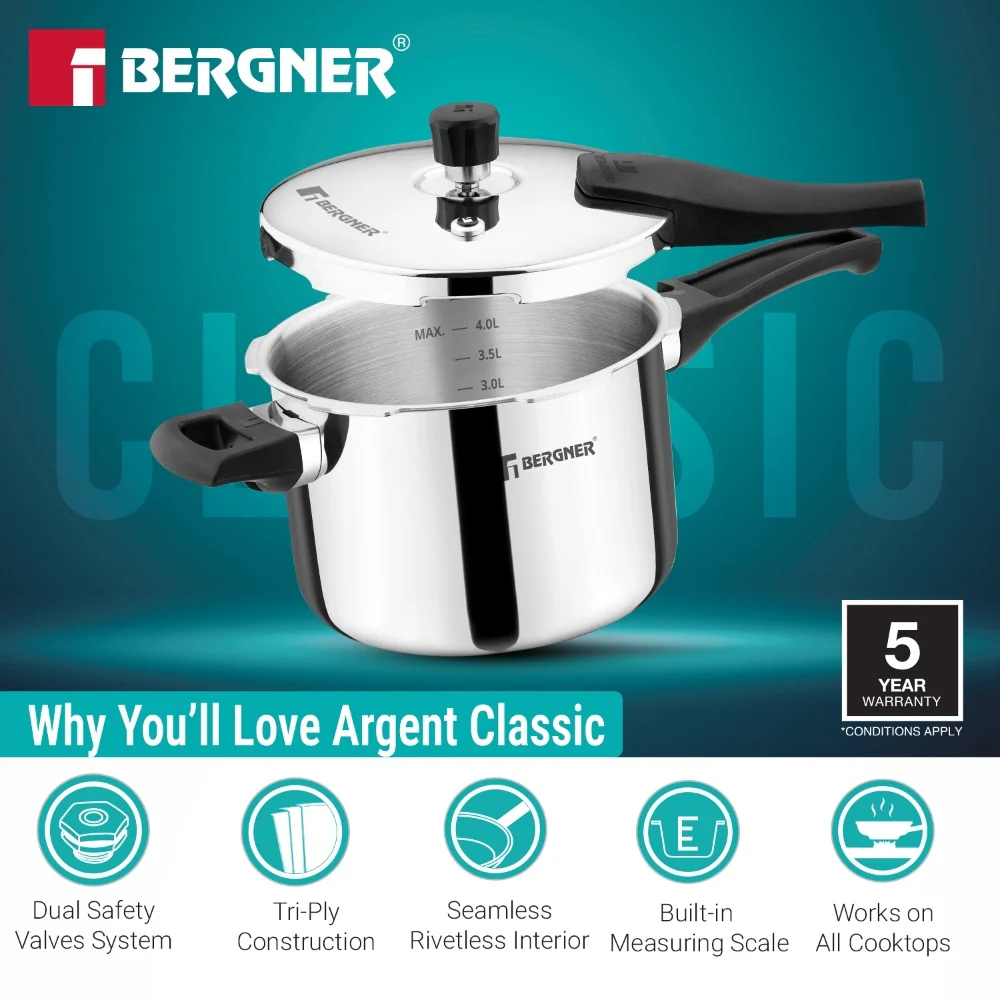 Argent Classic Triply Outer Lid Pressure Cooker 5.5L - Induction Bottom - Image 5