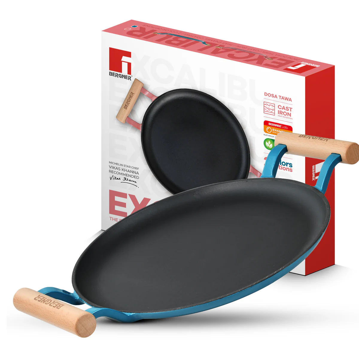 Excalibur Light Cast Iron Dosa Tawa 30cm with Double Sided Handle - Blue - Image 10